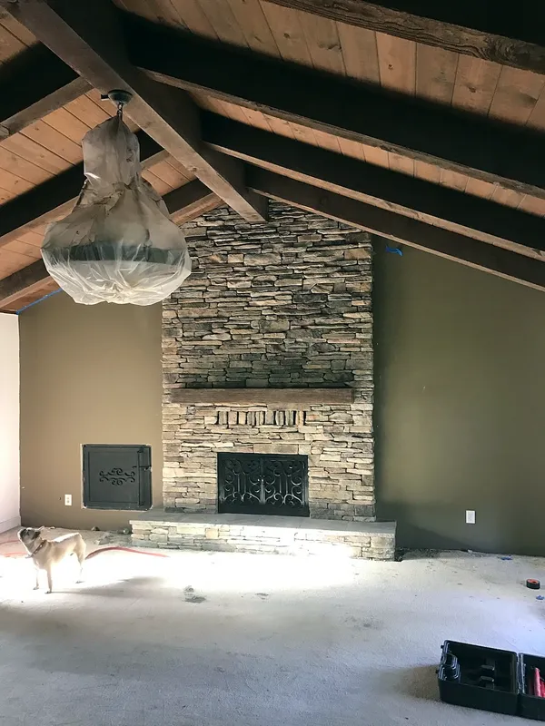 Stacked stone fireplace by Nick Lambdin Masonry