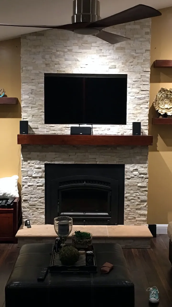 Ledgestone fireplace by Nick Lambdin Masonry