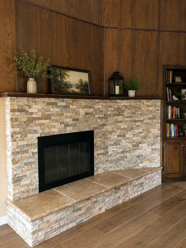 Ledgestone fireplace by Nick Lambdin Masonry