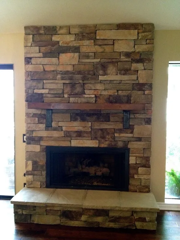 Stacked stone fireplace by Nick Lambdin Masonry
